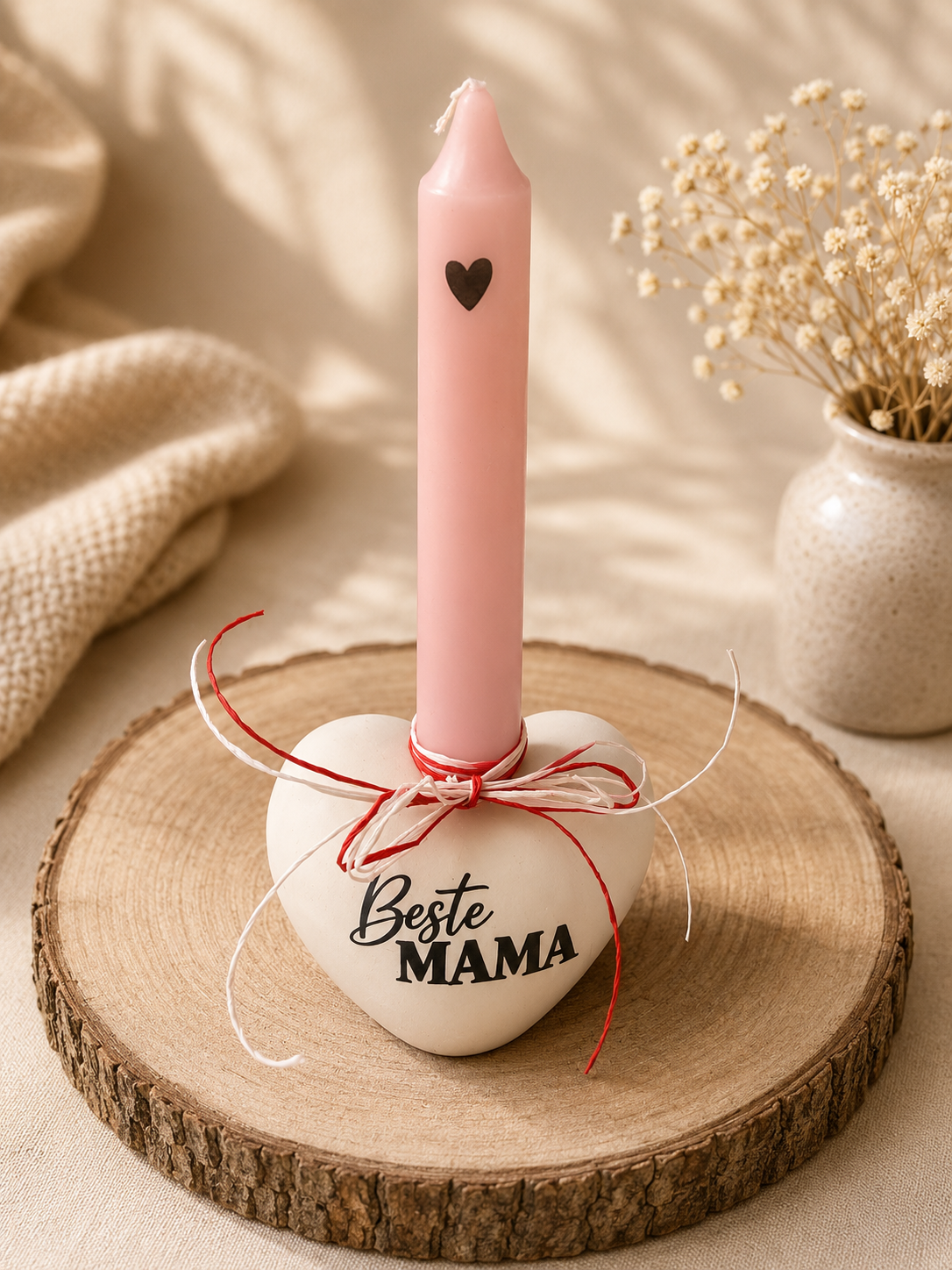 Herzförmiger Kerzenhalter mit Aufschrift 'Beste Mama'