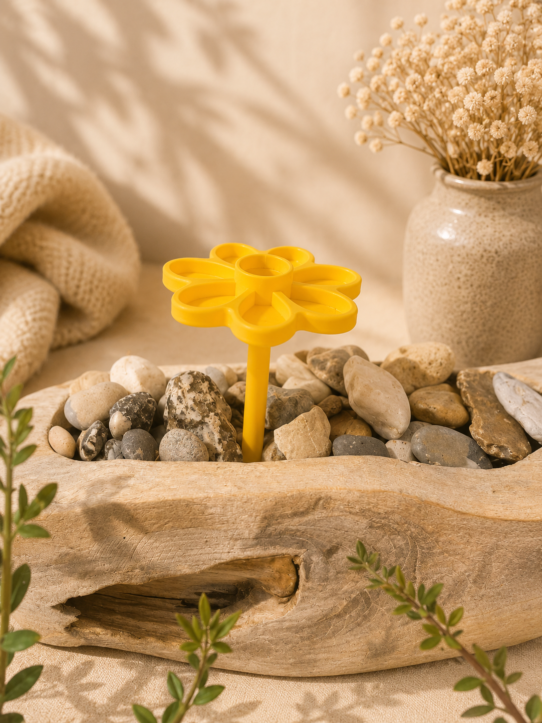 Gelber Blumenstecker als Deko in Steinschale