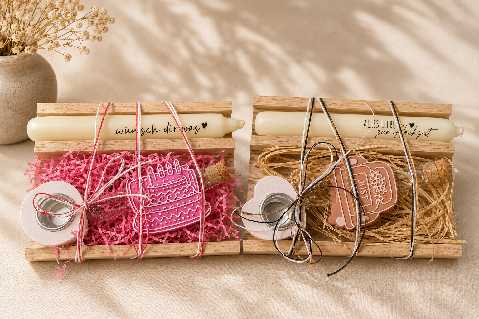 Personalisierte Geschenkboxen mit Kerze, Wunschzettel und Glasfläschchen zu Geburtstag und Hochzeit