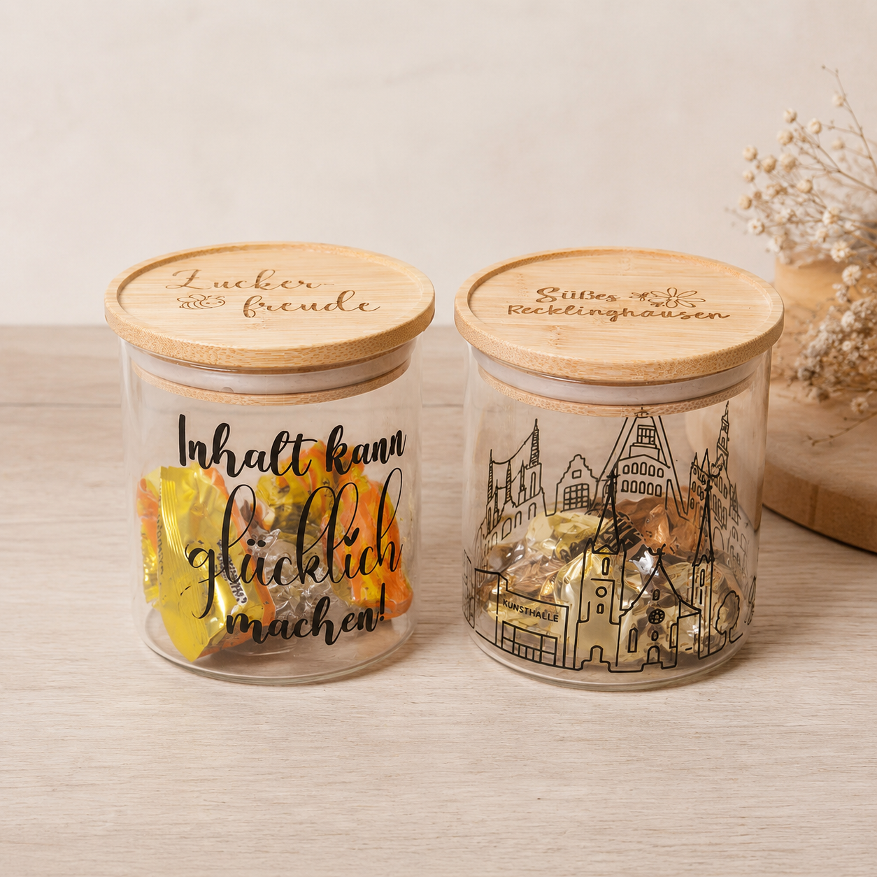 Vorratsgläser mit Gravur 'Zuckerfreude' und Stadtsilhouette 'Süßes Recklinghausen'