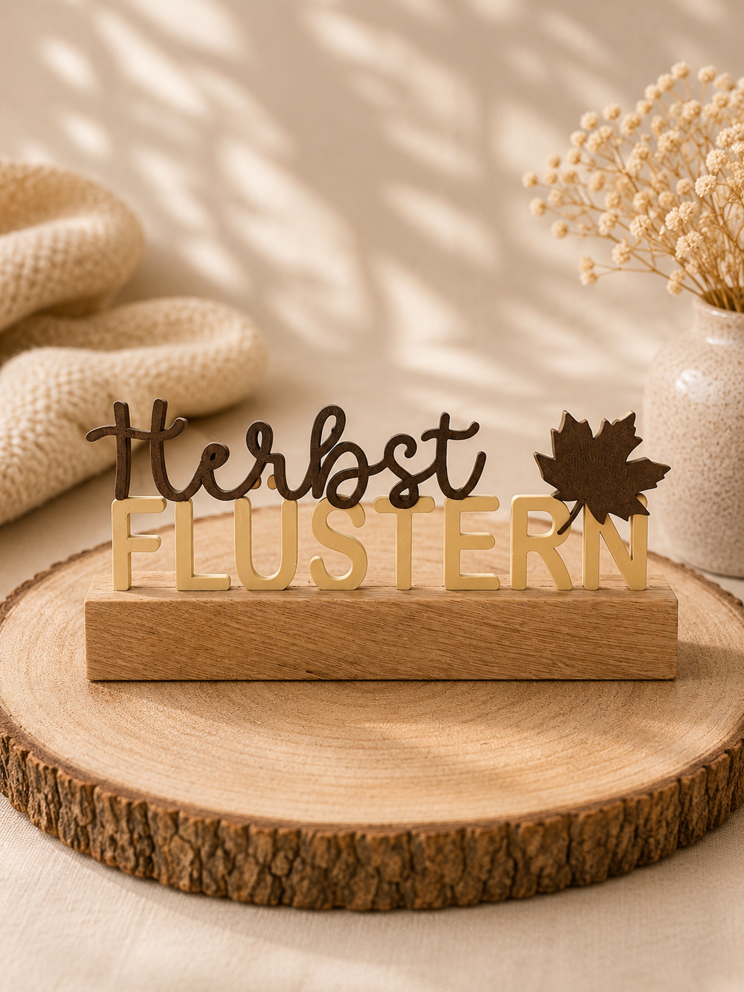 Dekorativer Schriftzug 'Herbst Flüstern' mit Ahornblatt auf Holzsockel