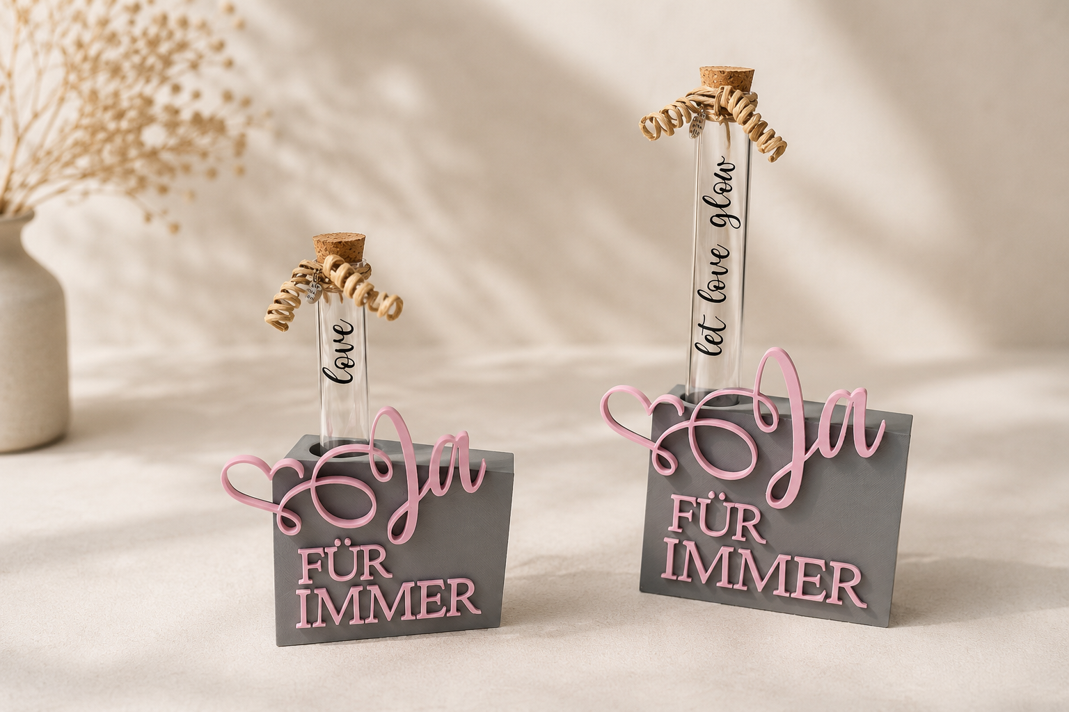 Fläschchen-Duo 'Ja für immer' mit Aufschrift 'love' und 'let love glow'