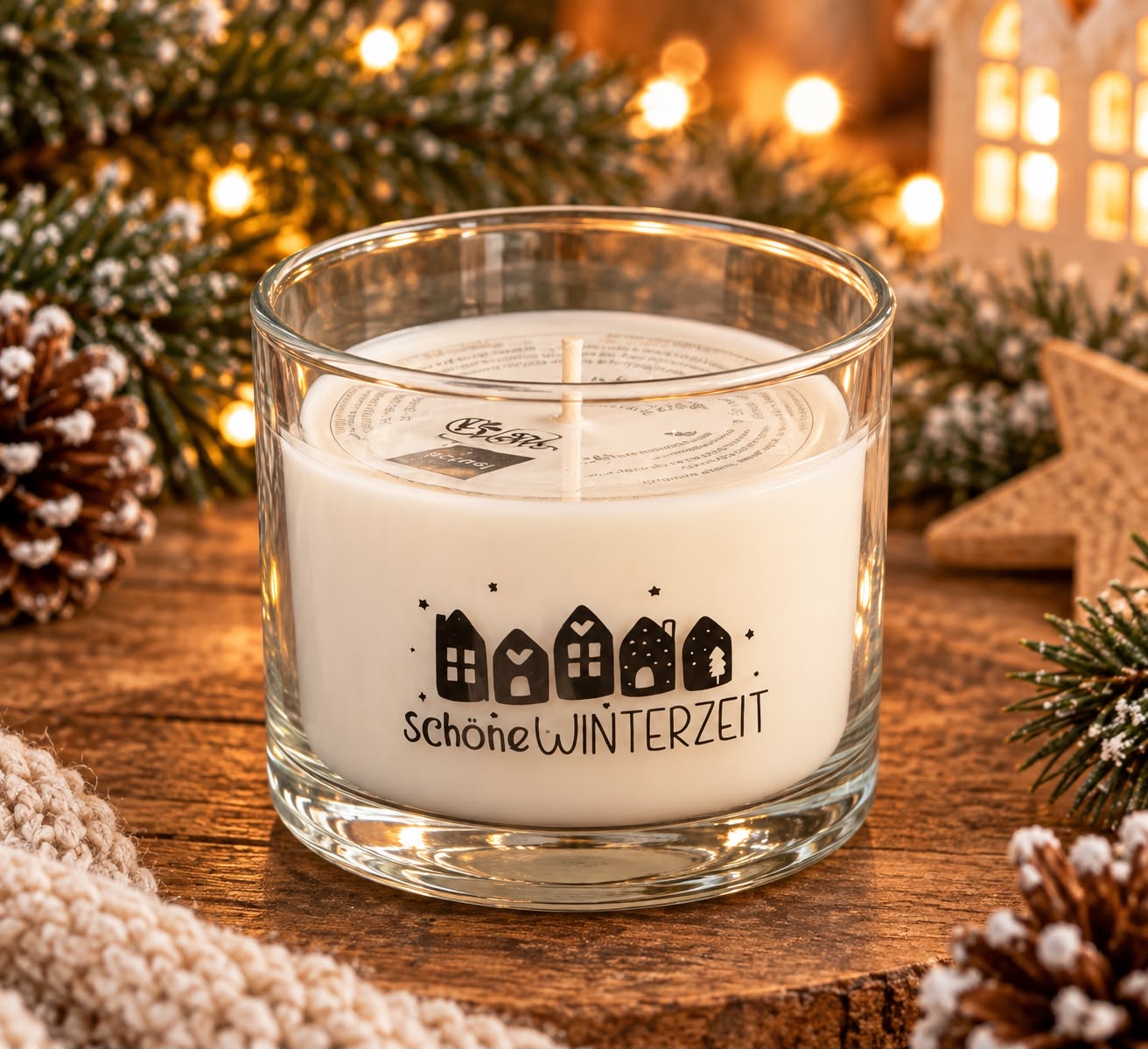 Kerze im Glas mit Häuser-Motiv und Aufschrift 'Schöne Winterzeit'