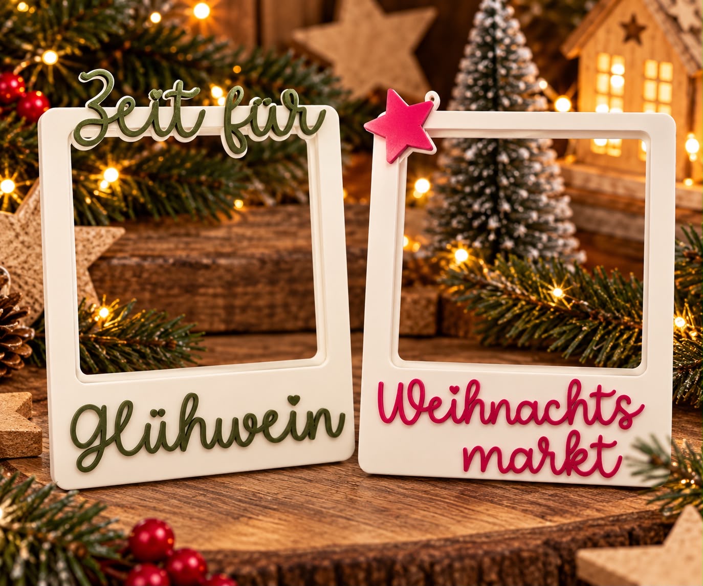 Zwei Bilderrahmen im Sofortbild-Stil mit 3D-Schriftzügen 'Zeit für Glühwein' und 'Weihnachtsmarkt'
