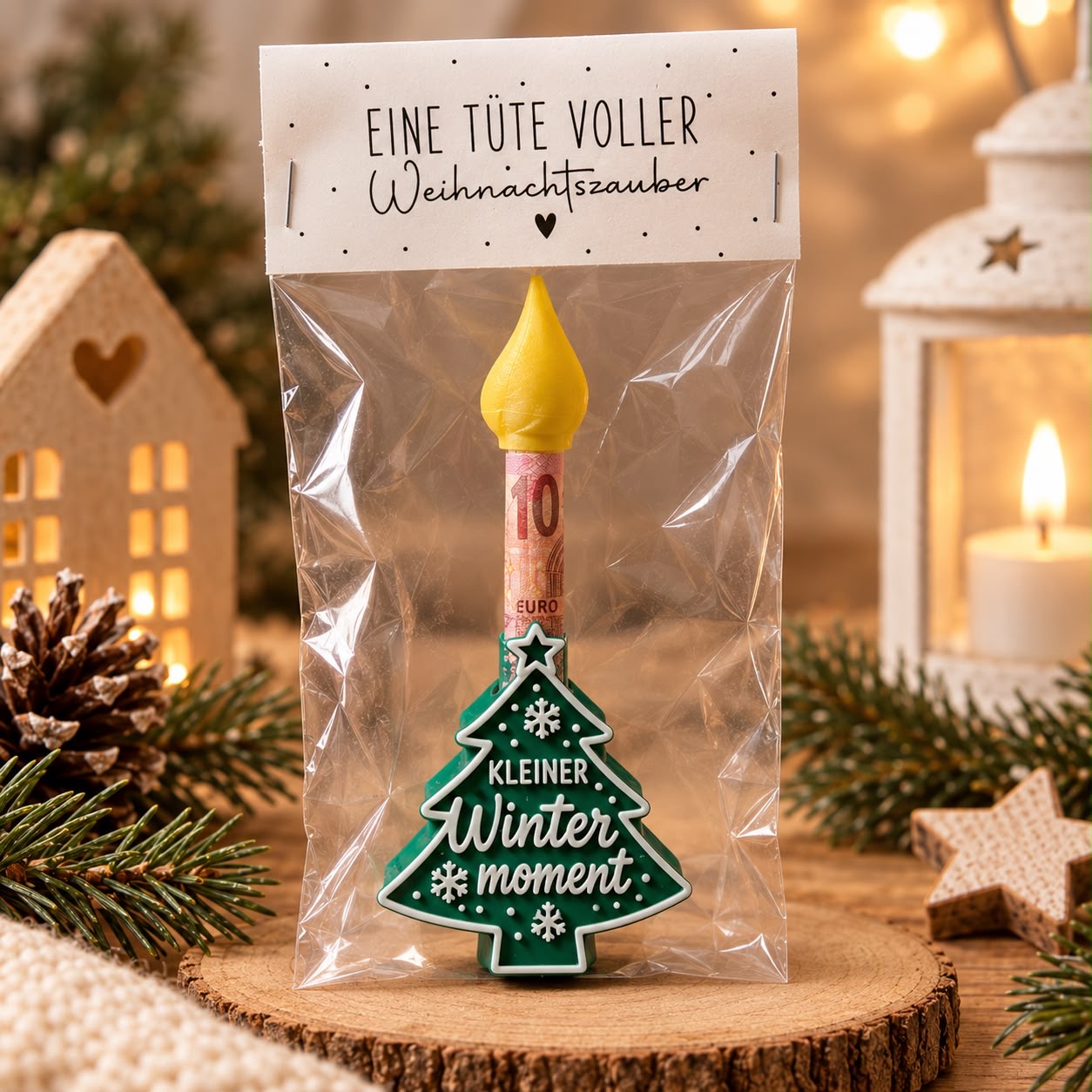 Geldgeschenk als Kerze mit Tannenbaum-Halter 'Kleiner Wintermoment' in Tüte 'Eine Tüte voller Weihnachtszauber'