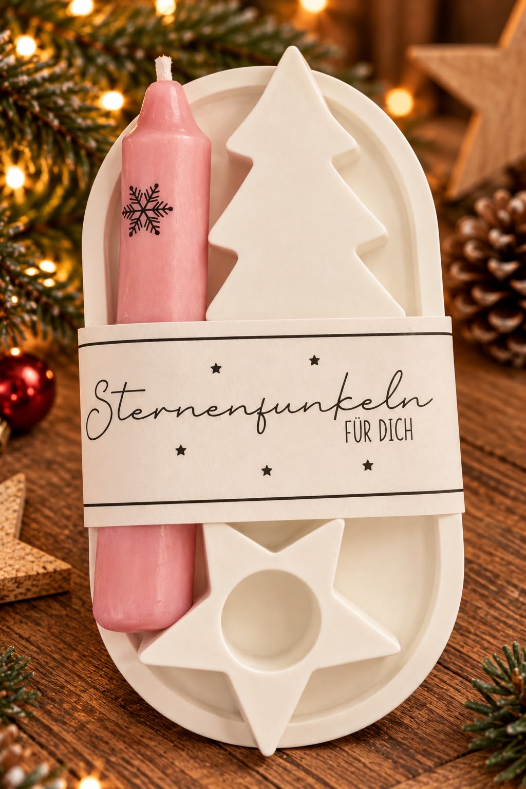 Geschenkset 'Sternenfunkeln für dich' mit rosa Kerze, Tablett, Tanne und Sternkerzenhalter