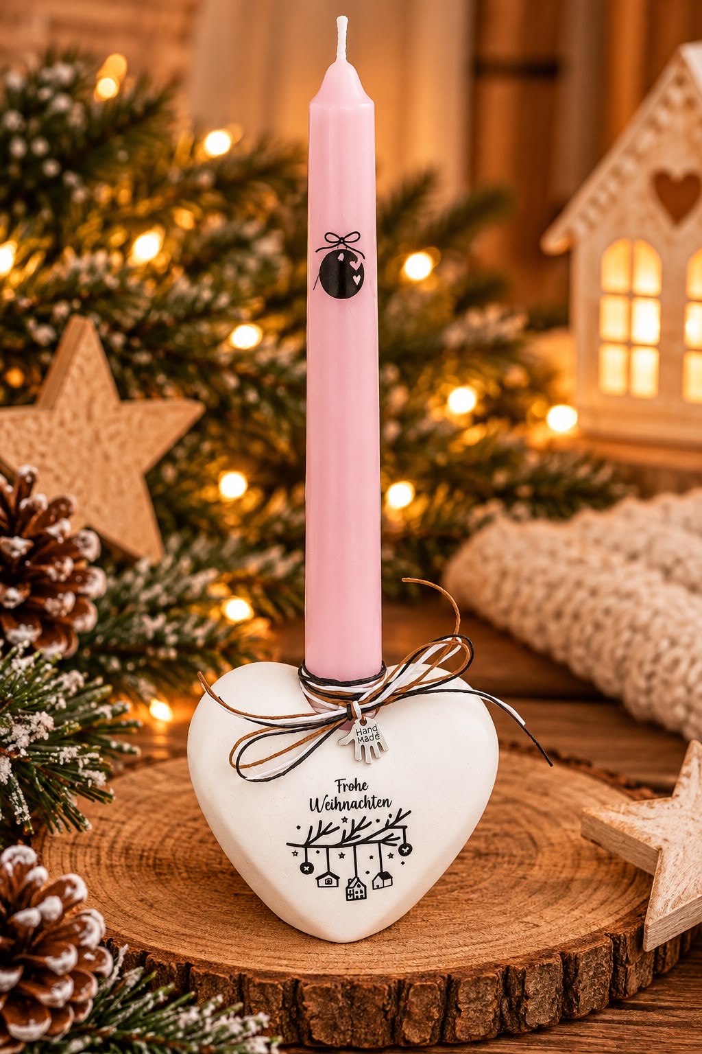 Herz-Kerzenhalter 'Frohe Weihnachten' mit rosa Stabkerze