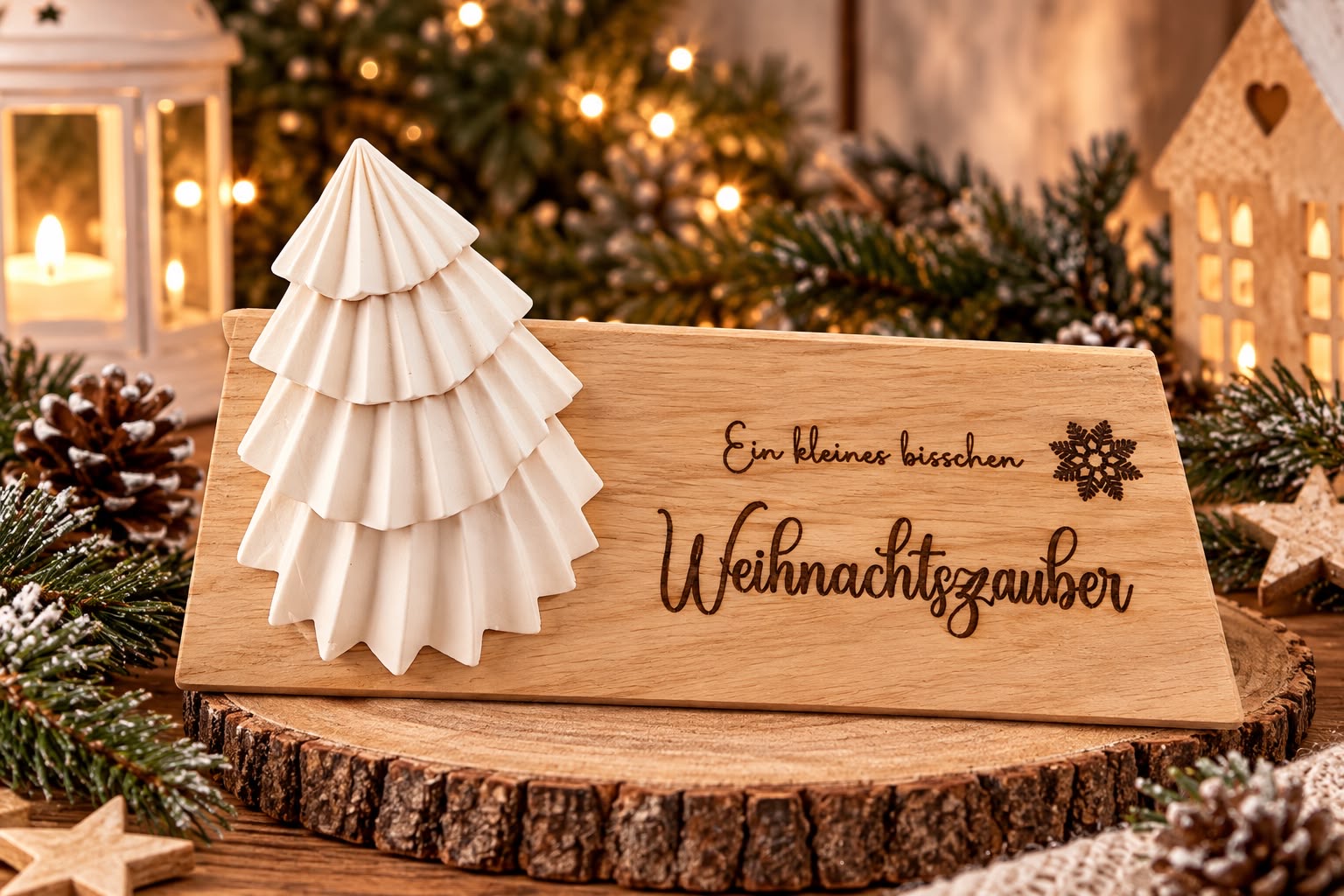 Graviertes Holzschild 'Ein kleines bisschen Weihnachtszauber' mit weißer Fächer-Tanne