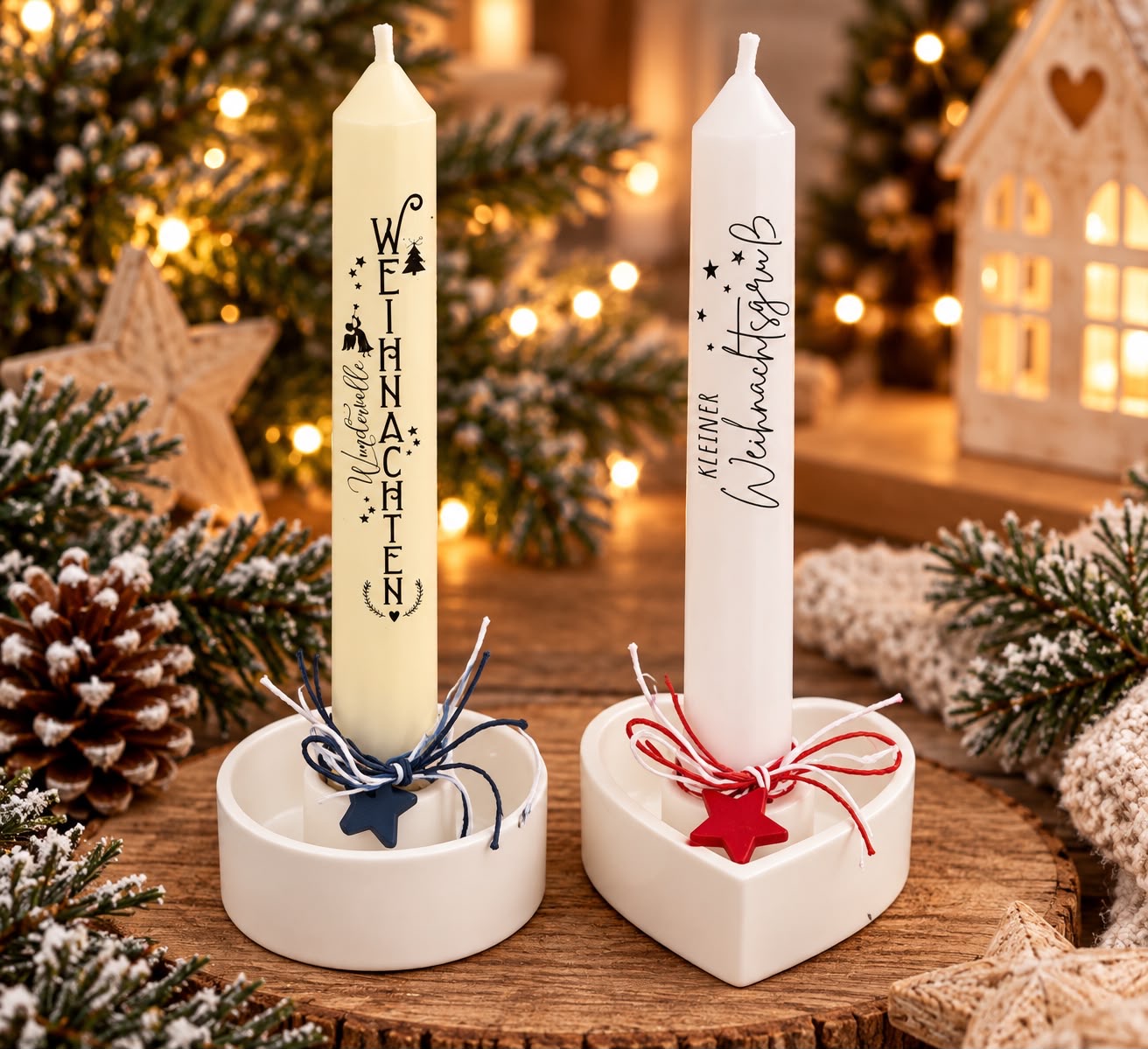 Runder und herzförmiger Kerzenhalter mit Kerzen 'Wundervolle Weihnachten' und 'Kleiner Weihnachtsgruß'