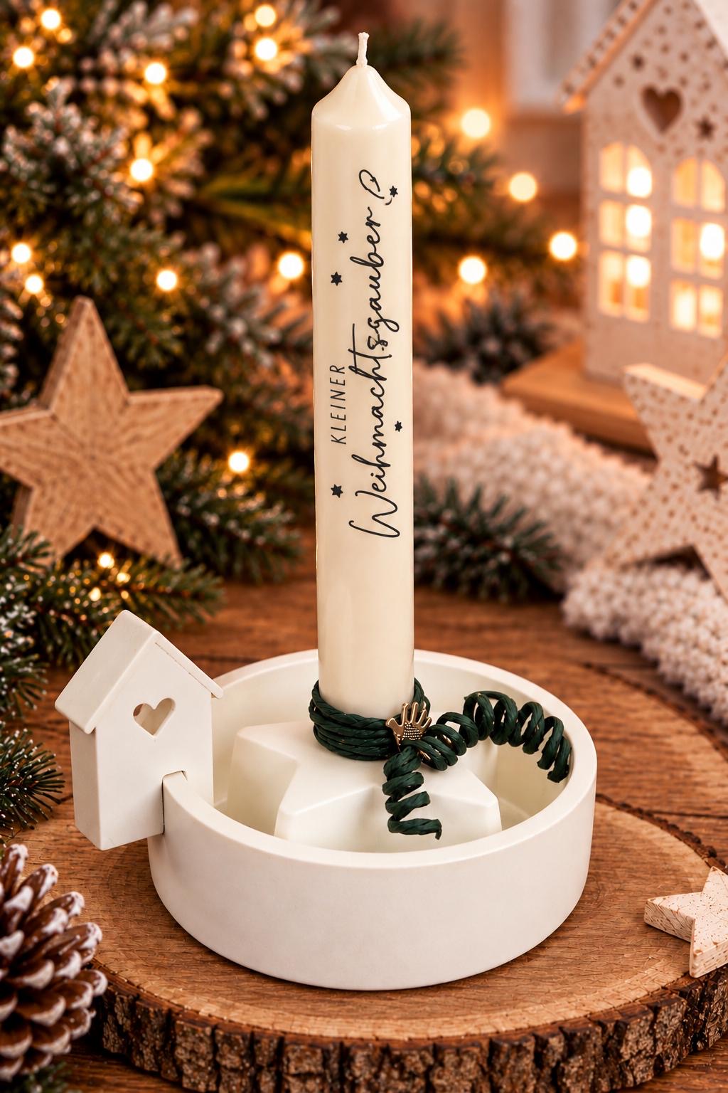 Runde Kerzenschale mit Häuschen und Stern-Einsatz, Kerze 'Kleiner Weihnachtszauber'