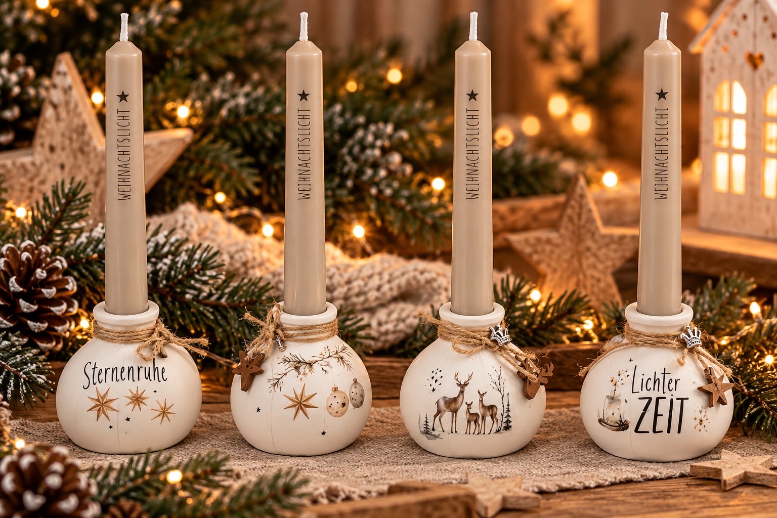 Vier runde Kerzenhalter mit Motiven 'Sternenruhe', Sterne, Hirsche und 'Lichter Zeit' mit Stabkerzen 'Weihnachtslicht'
