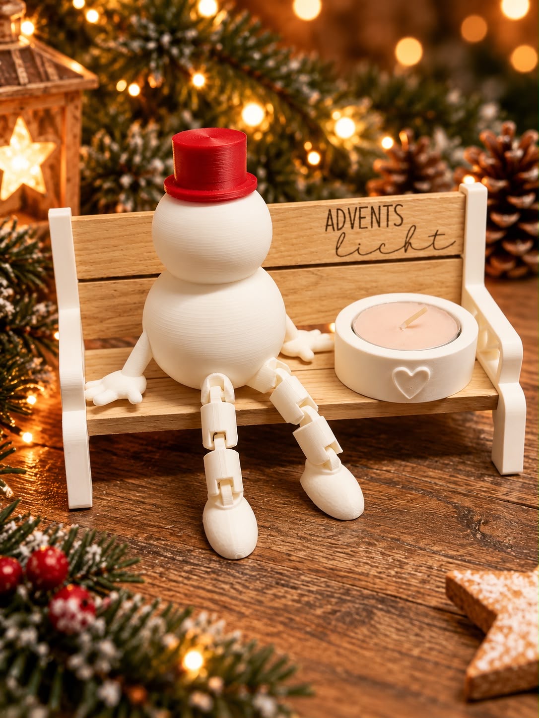 Schneemann mit rotem Hut auf Holzbank 'Adventslicht' mit Teelichthalter