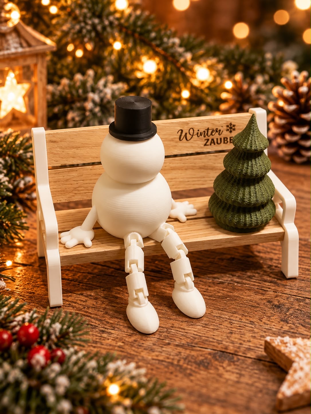 3D-gedruckter Schneemann mit Zylinder auf Holzbank 'Winterzauber' neben grünem Tannenbaum