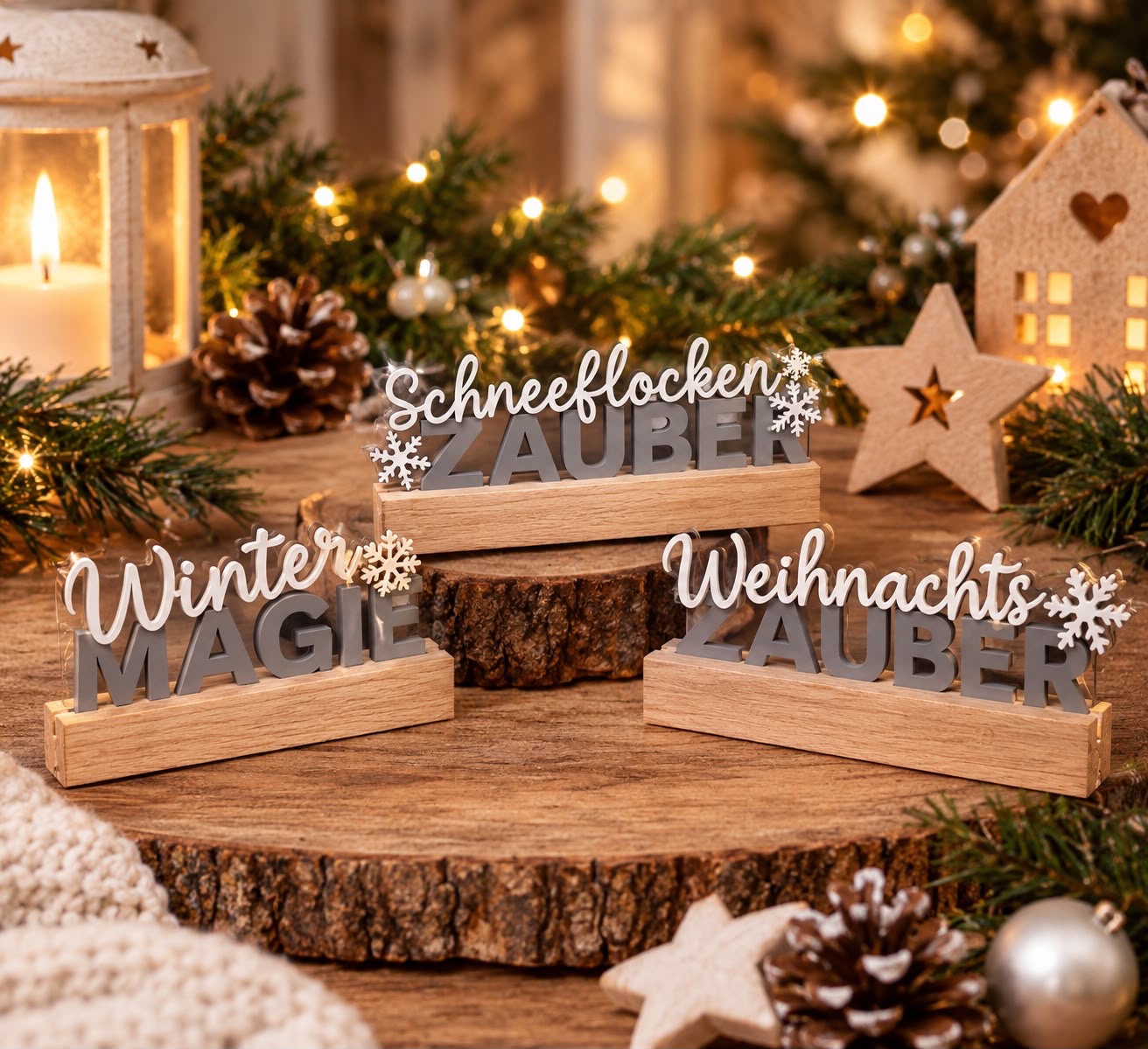 Schriftzüge 'Schneeflockenzauber', 'Wintermagie' und 'Weihnachtszauber' auf Holzsockeln