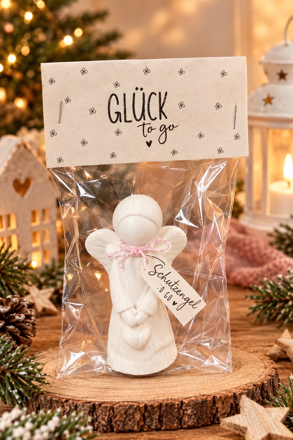 Weiße Schutzengel-Figur in Geschenktüte 'Glück to go' mit Anhänger 'Schutzengel to go'