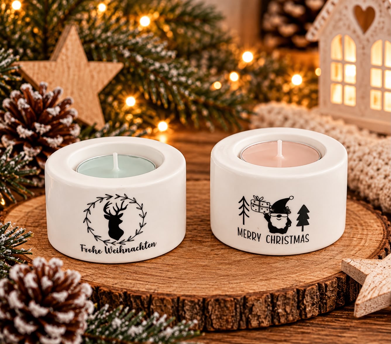 Zwei Teelichthalter mit Hirsch 'Frohe Weihnachten' und Weihnachtsmann 'Merry Christmas'