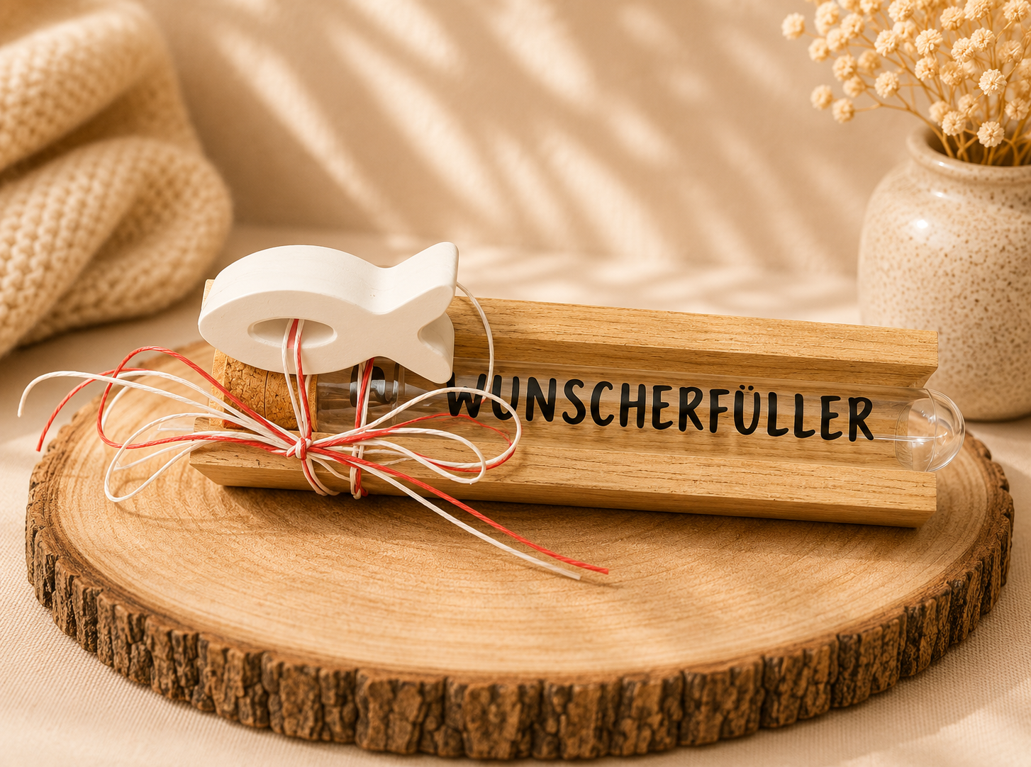 Wunscherfüller-Fläschchen mit Fisch-Anhänger in Holzhalterung
