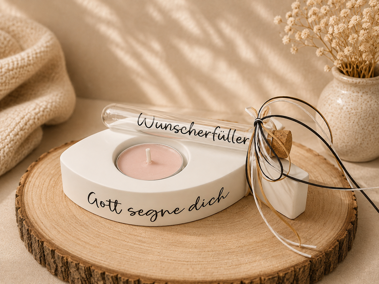 Teelichthalter mit Wunscherfüller-Fläschchen 'Gott segne dich'