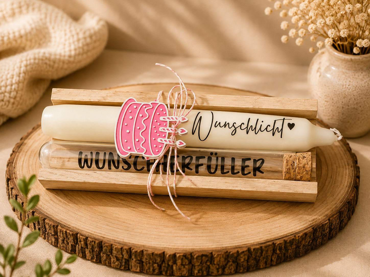Geschenkset 'Wunschlicht' mit Kerze und Wunscherfüller-Fläschchen zum Geburtstag